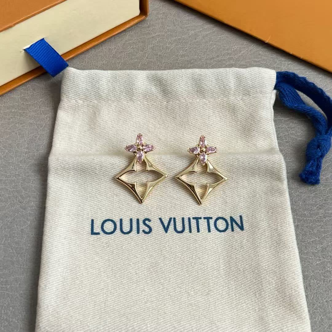 Louis Vuitton Gold Flower Stud Earrings with Pink Stones